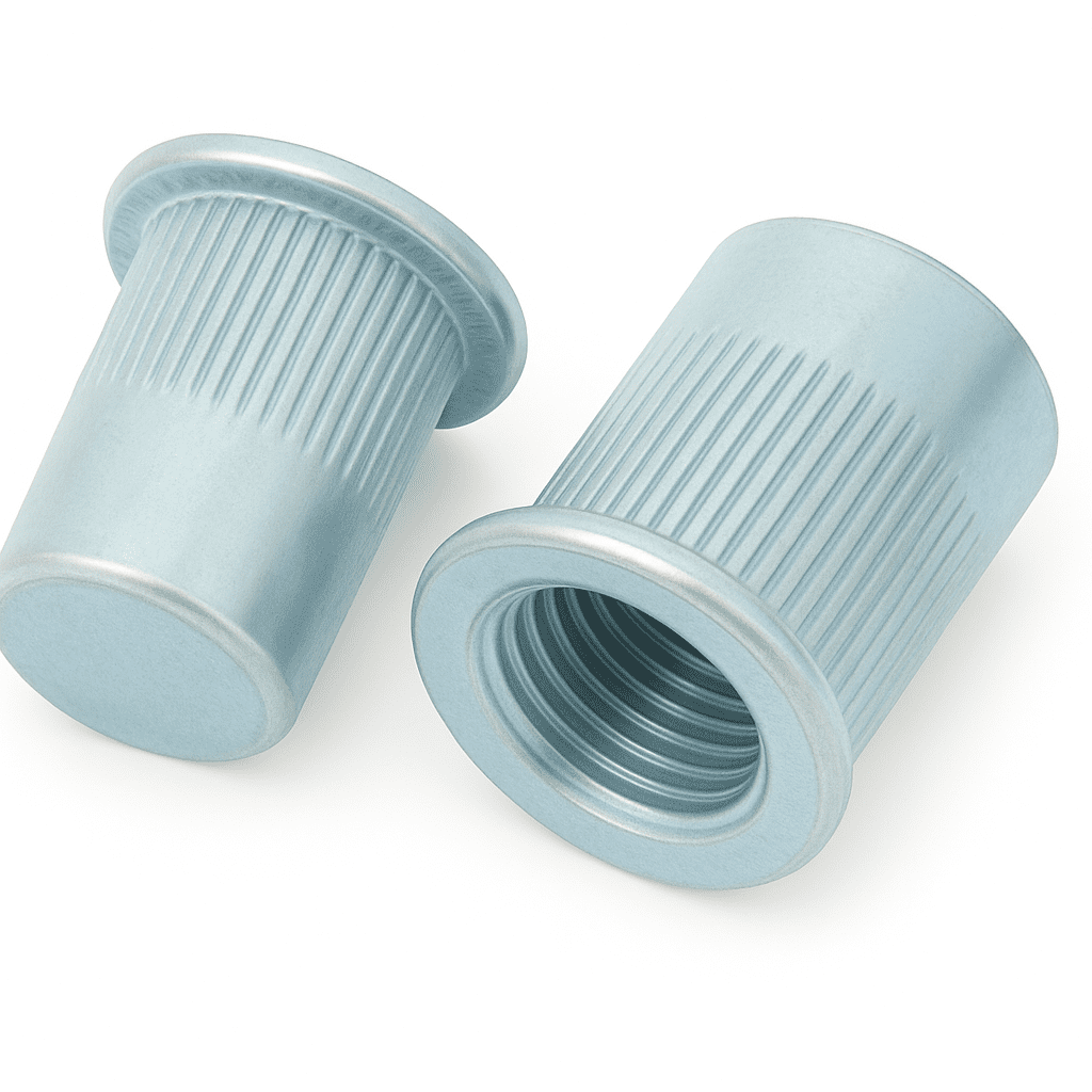 M3 x 15.0mm Steel Grooved Flat Head, Round Closed End Rivet Nut, Grip range 0.5 - 1.5mm, Hole Size 5.1mm
