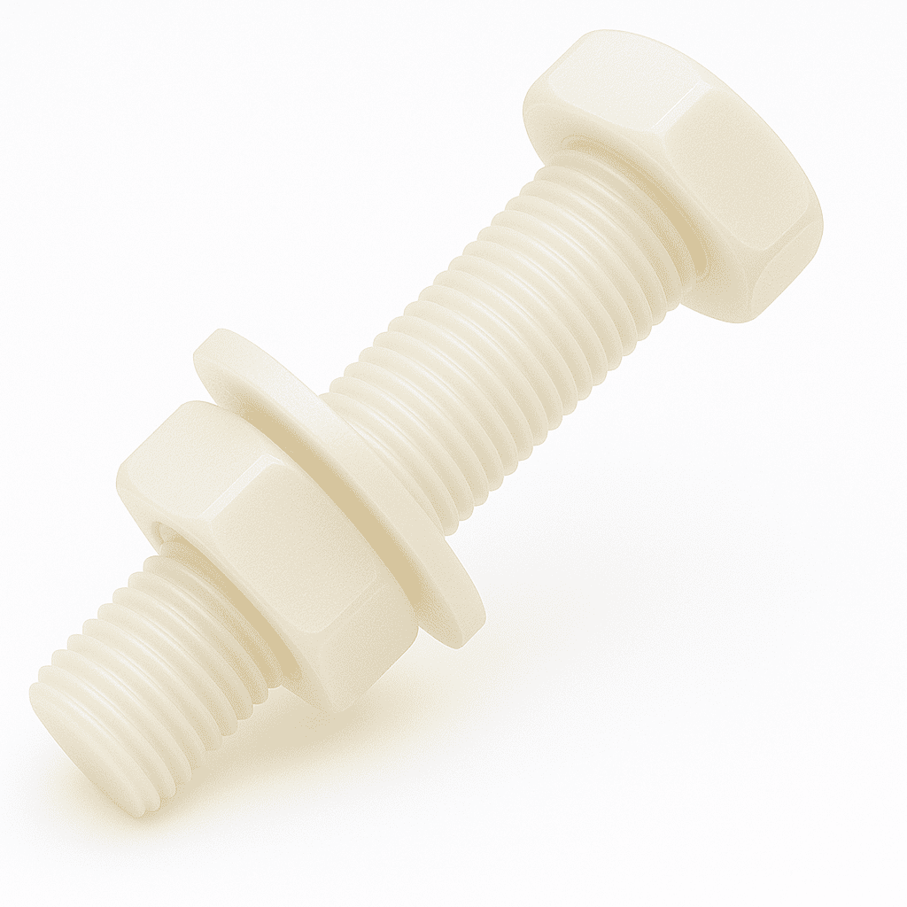 M10 x 30mm Nylon (Plastic) Hexagon Head Fully Threaded Setscrew, Nut & Washer (Assembled Bolt) DIN 933