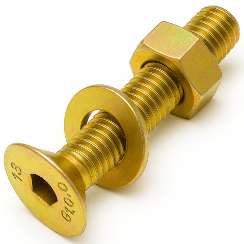 M8 x 25mm Socket Countersunk Screw, Nut & Washer (Assembled Bolt) High Tensile Grade 10.9, Yelow Zinc Plated, DIN 7991